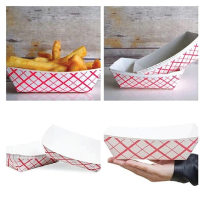 250 GSM cardboard French fries tray with red checkered print, folded disposable food tray for indoor serving