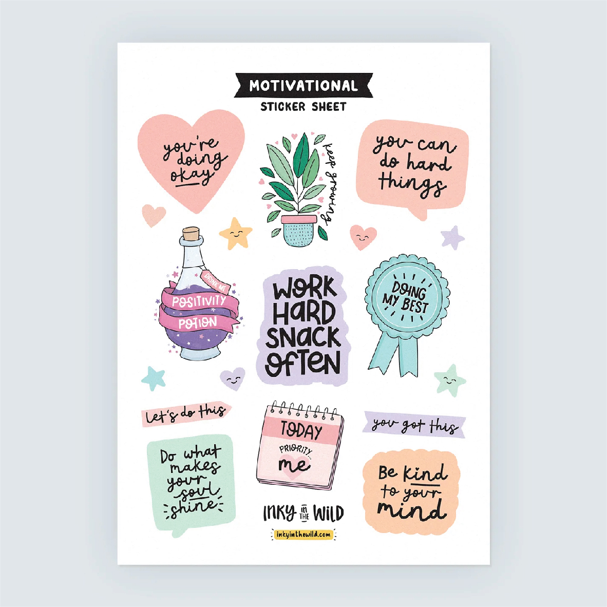 Custom sticker pack with multiple printed stickers in vibrant colors, featuring different shapes and designs on high-quality adhesive material for branding and packaging use.