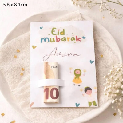 Eid card money holder with decorative Islamic design and built-in pocket for cash, printed on premium cardstock for gifting Eidi.