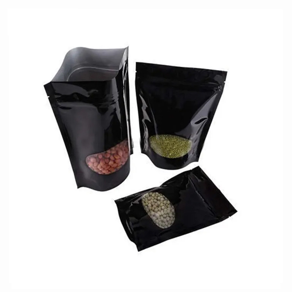Custom printed resealable stand-up pouch with clear window for food packaging.