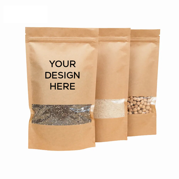Flexible custom packaging pouch with zip lock and transparent display window.
