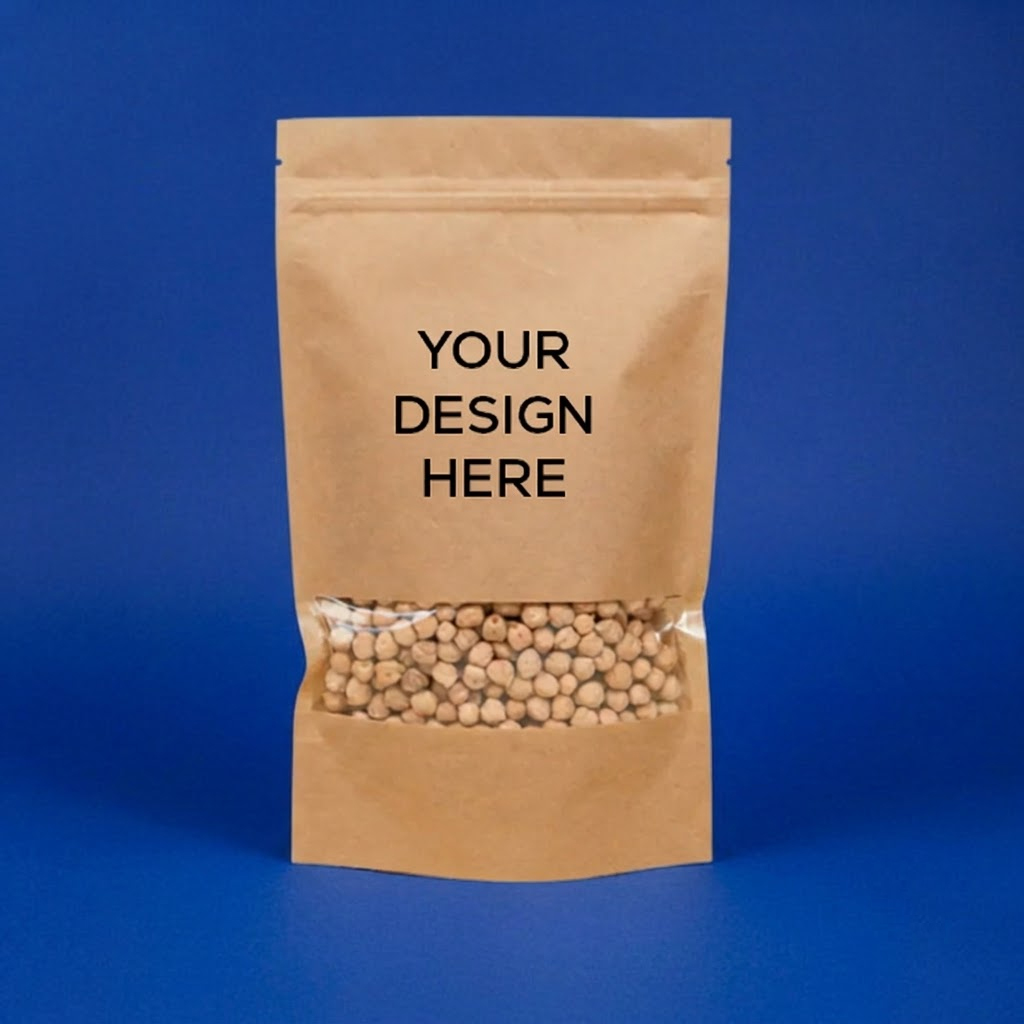 Printed food packaging pouch with zipper and transparent display window.