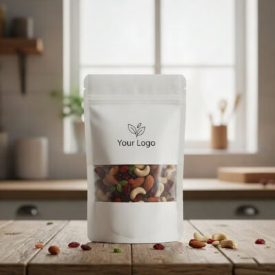 Custom printed stand-up pouch with transparent window for food packaging.