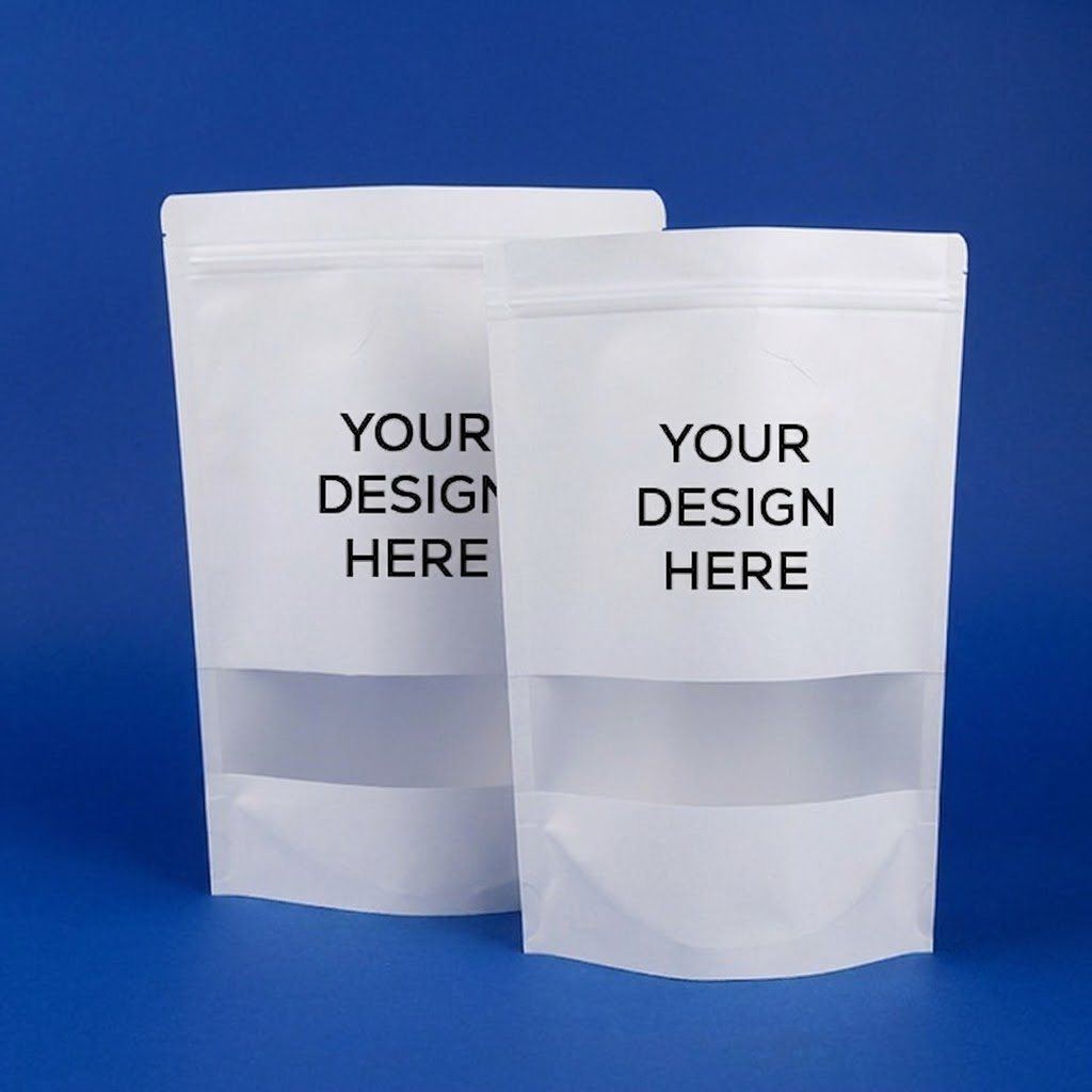 Resealable zip lock pouch with custom logo and clear product window.